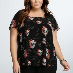 TORRID flower skull sheer button blouse